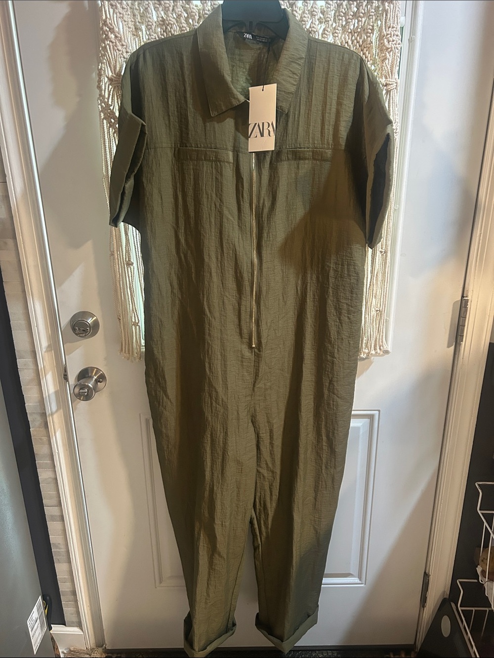 ZARA Olive Green Short-Sleeve Utility Jumpsuit